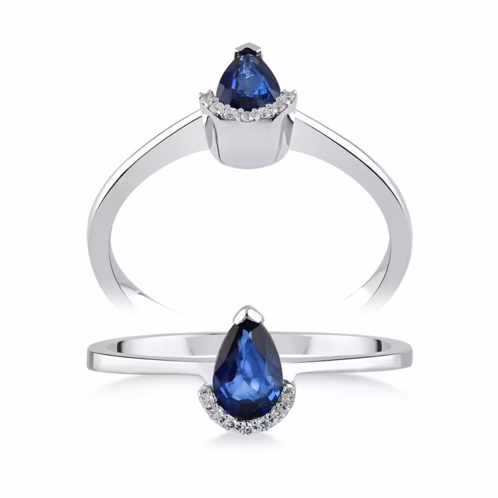 0.02 karat pırlanta 0.40 karat Safir yüzük. Modern geometrik kesim 14 ayar beyaz altın