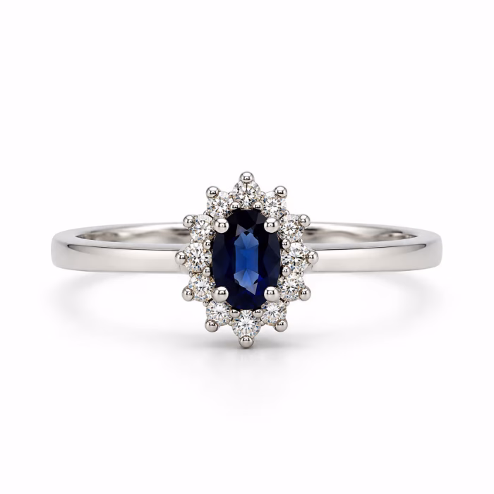 0.11 karat pırlanta 0.26 karat Safir yüzük. Modern geometrik kesim 14 ayar beyaz altın