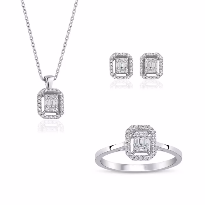 0.60 karat pırlanta baget set kolye küpe yüzük el işçiliği uyumu
