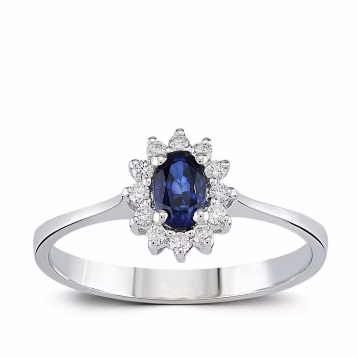 0.11 karat pırlanta 0.26 karat Safir yüzük. Modern geometrik kesim 14 ayar beyaz altın