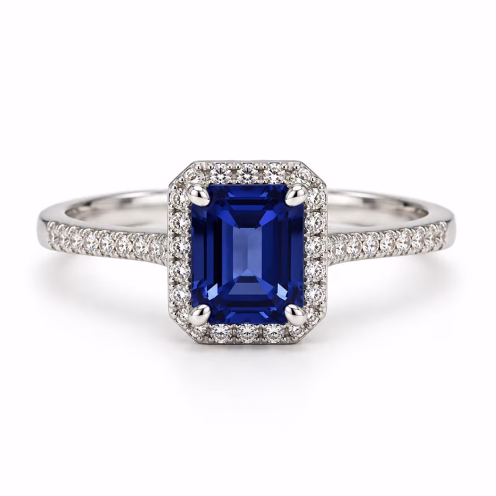 0.08 karat pırlanta 1.52 karat Safir yüzük. Modern geometrik kesim 14 ayar beyaz altın