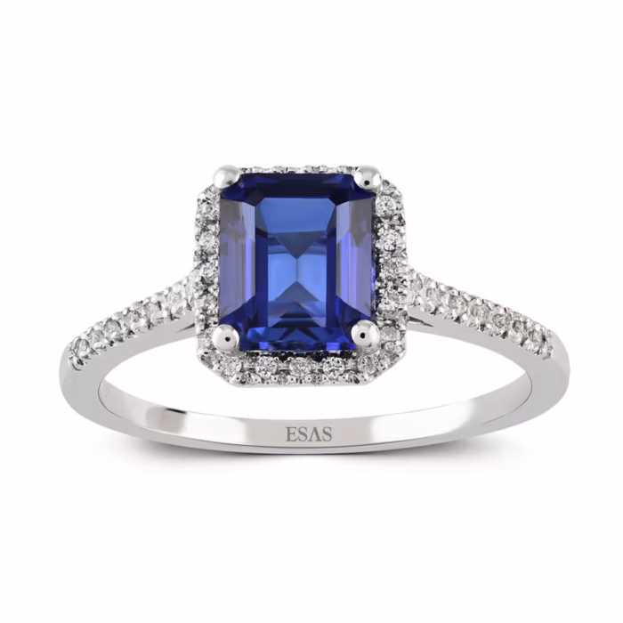 0.08 karat pırlanta 1.52 karat Safir yüzük. Modern geometrik kesim 14 ayar beyaz altın