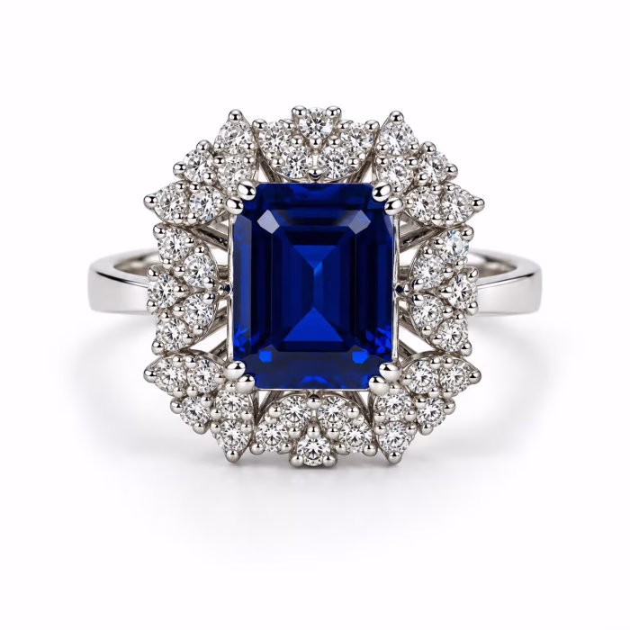 0.29 karat pırlanta 1.41 karat Safir yüzük. Modern geometrik kesim 14 ayar beyaz altın