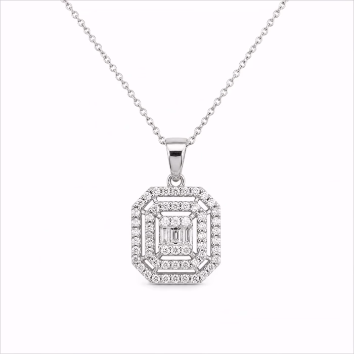 0.24 karat pırlanta baget kolye modern geometrik kesim 8 ayar altın